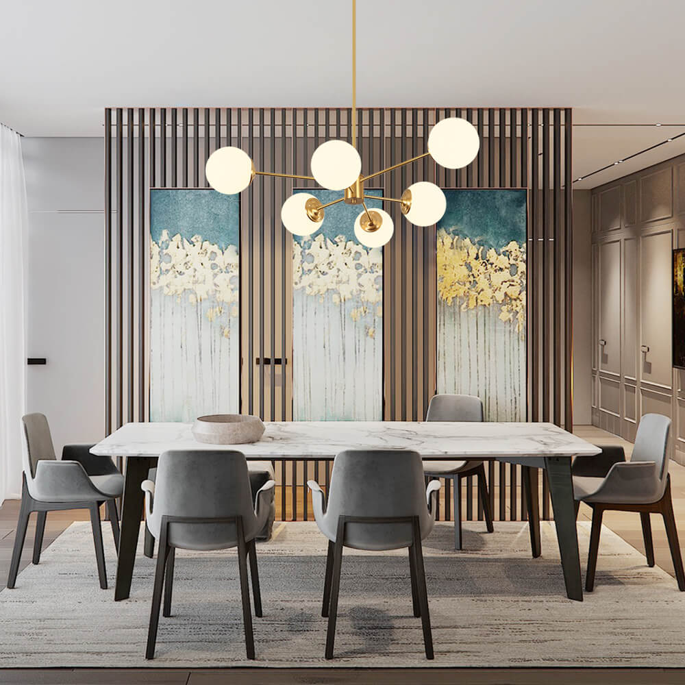 Moderne Sputnik-Kronleuchter mit Opalglaskugeln in Gold oder Schwarz – dimmbare Design-Hängelampe 6, 8 oder 12 Flammen | Restfield