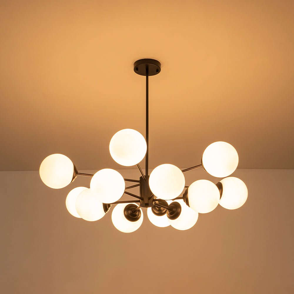 Moderne Sputnik-Kronleuchter mit Opalglaskugeln in Gold oder Schwarz – dimmbare Design-Hängelampe 6, 8 oder 12 Flammen | Restfield