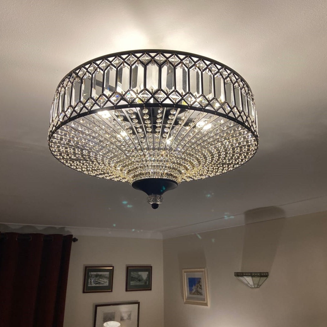 Plafonnier en cristal de luxe avec design tambour en laiton noir ou chrome – plafonnier glamour 50 cm | Restfield