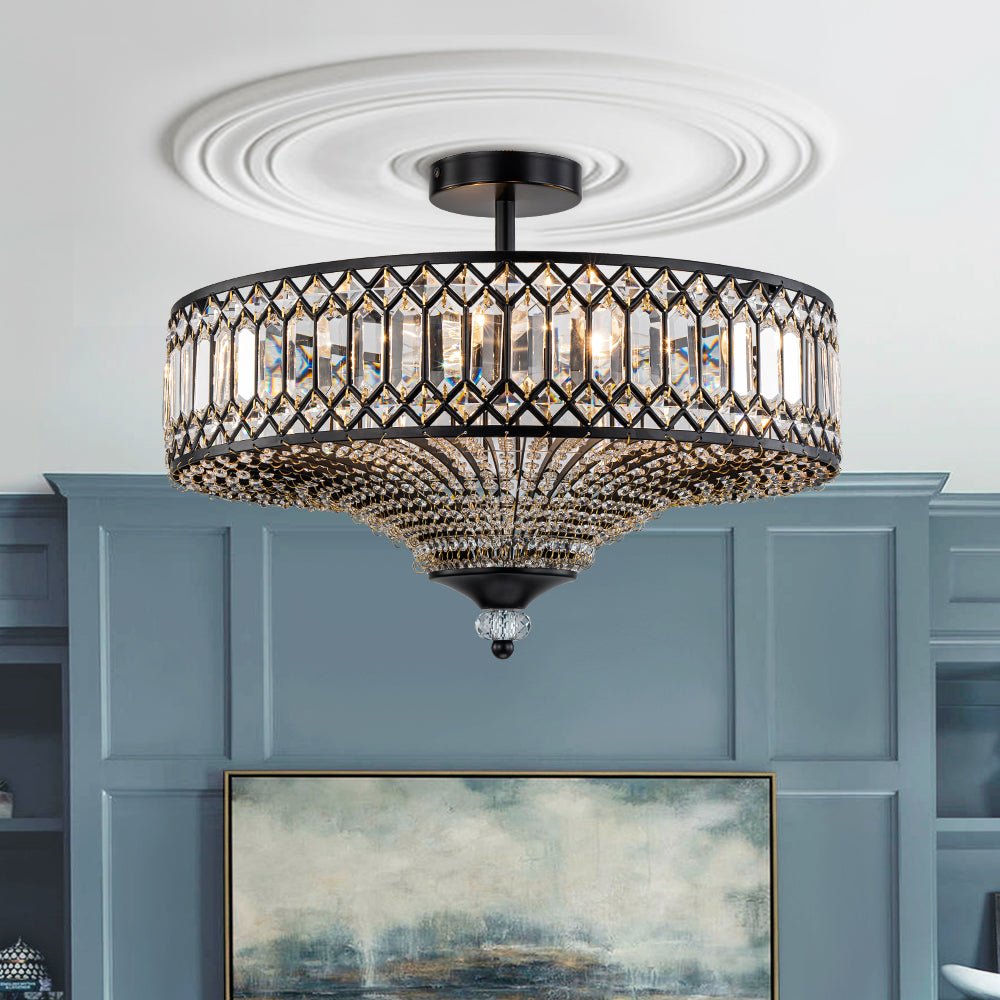Plafonnier en cristal de luxe avec design tambour en laiton noir ou chrome – plafonnier glamour 50 cm | Restfield