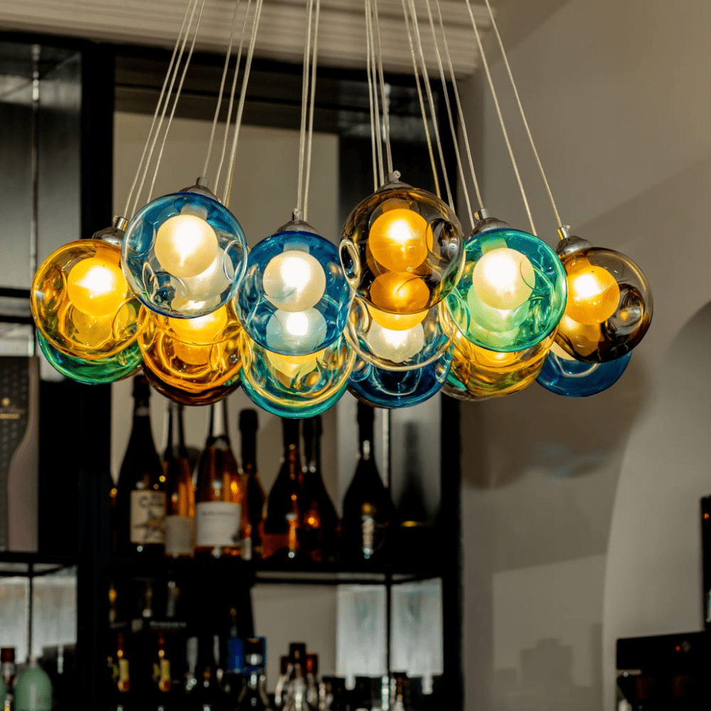Moderne cluster hanglamp met multicolor glazen bollen – design kroonluchter met 12 19 25 of 50 lichtpunten | Sansoti