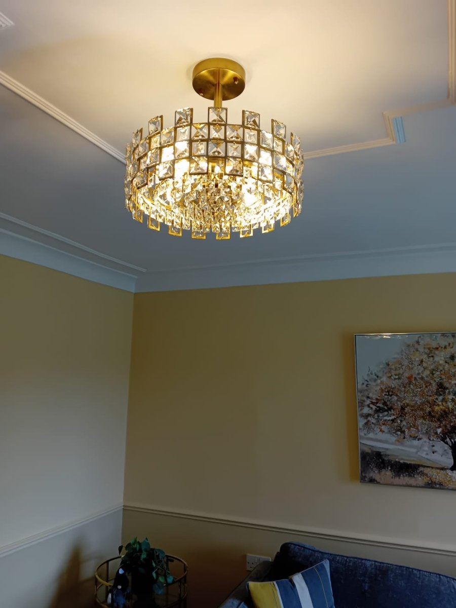 Deckenleuchte Kristall Trommel 4-flammig Chrom Messing Dimmbar 38cm Wohnzimmer Glamour