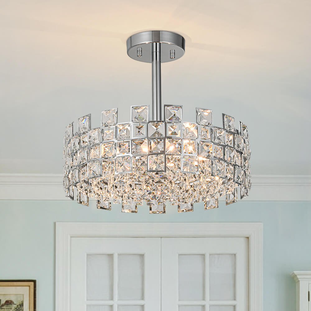 Deckenleuchte Kristall Trommel 4-flammig Chrom Messing Dimmbar 38cm Wohnzimmer Glamour