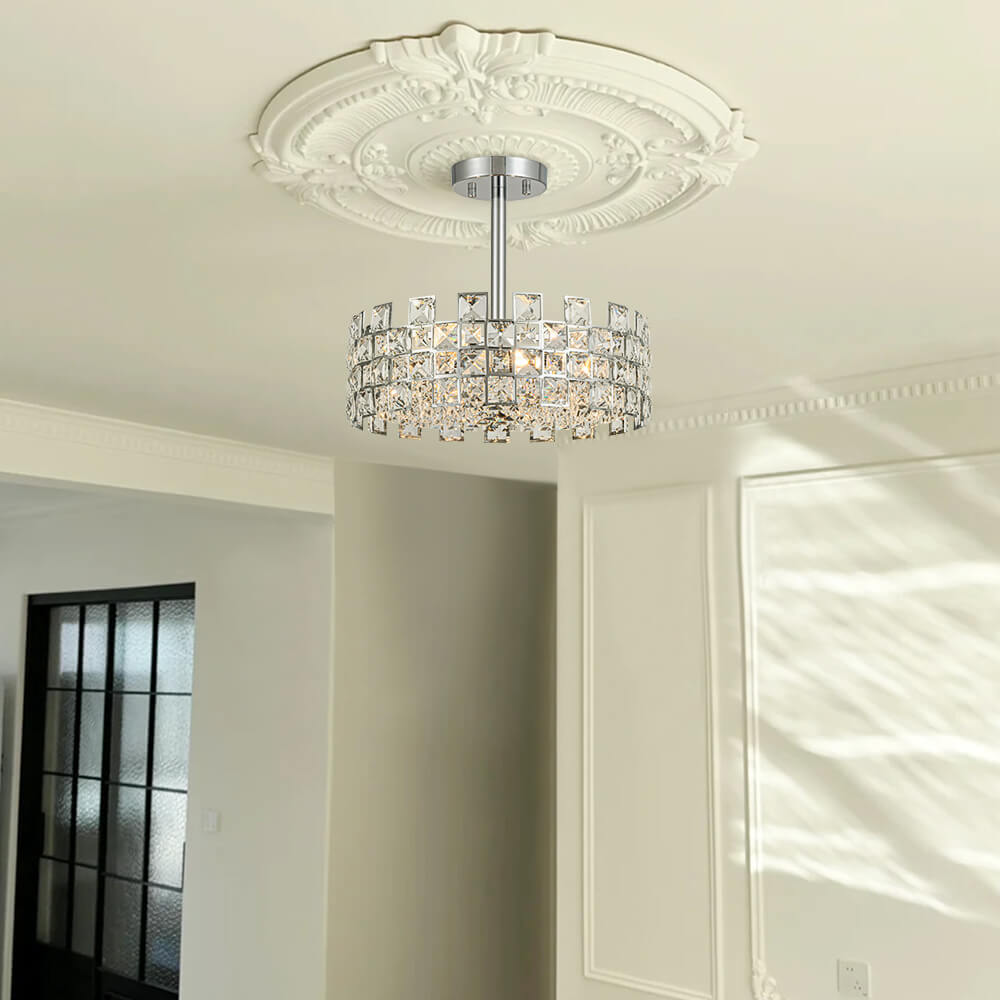 Deckenleuchte Kristall Trommel 4-flammig Chrom Messing Dimmbar 38cm Wohnzimmer Glamour