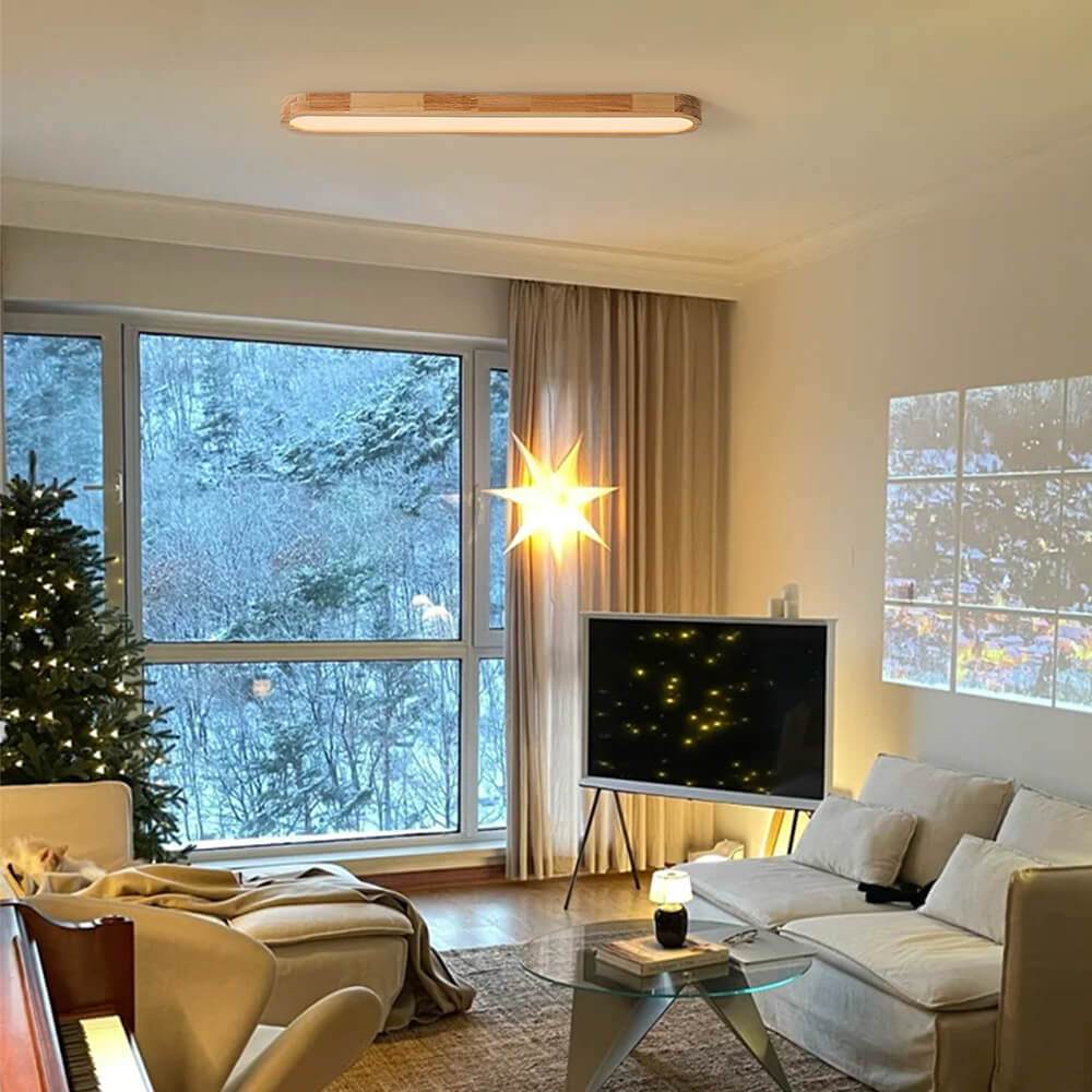 Plafonnier ovale LED effet bois dimmable télécommande 95cm Cuisine Salon Moderne