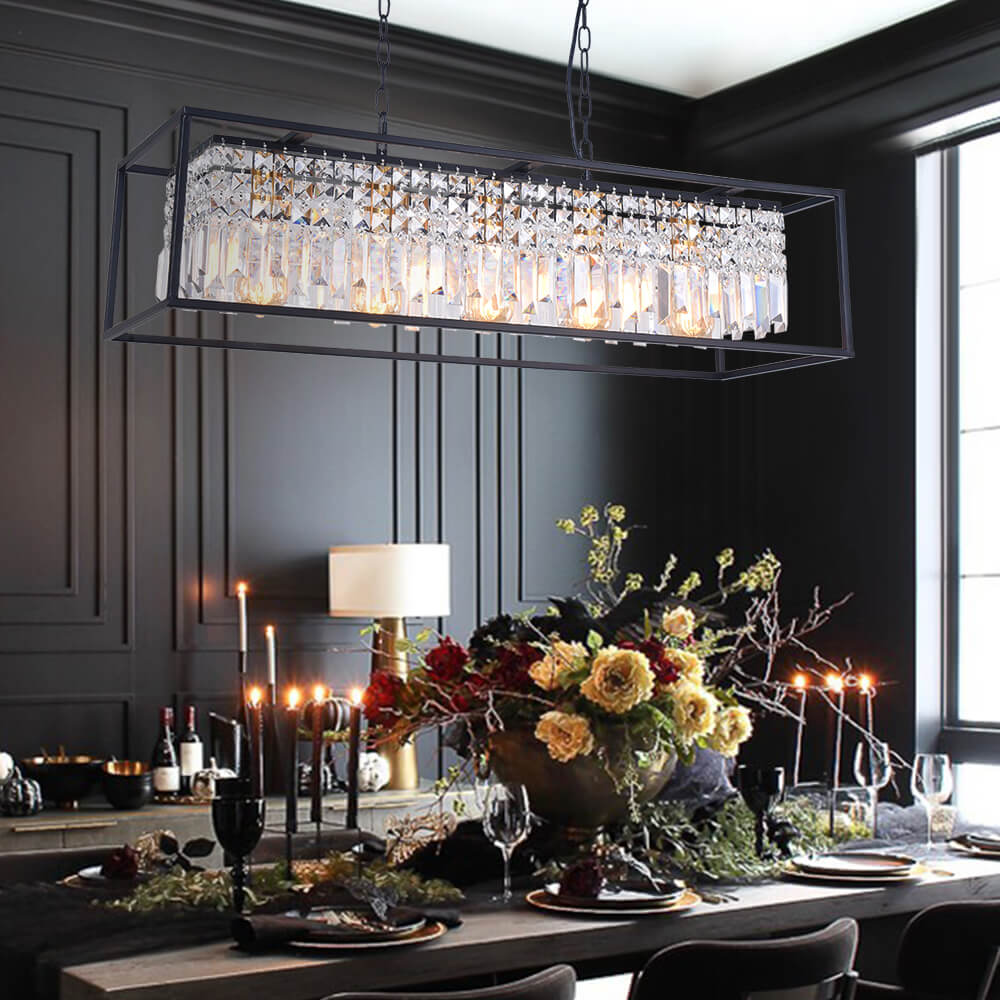 Suspension rectangulaire de luxe en cristal noir pour îlot de cuisine et table à manger avec 5 points lumineux | Restfield
