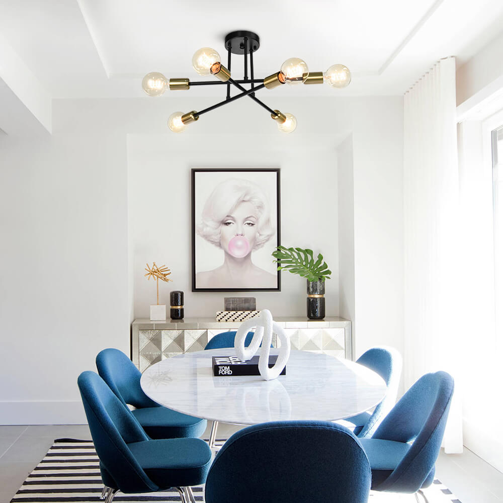 Messing sputnik plafondlamp met 6 lichtpunten – semi flush design voor lage plafonds 60 cm | Sansoti