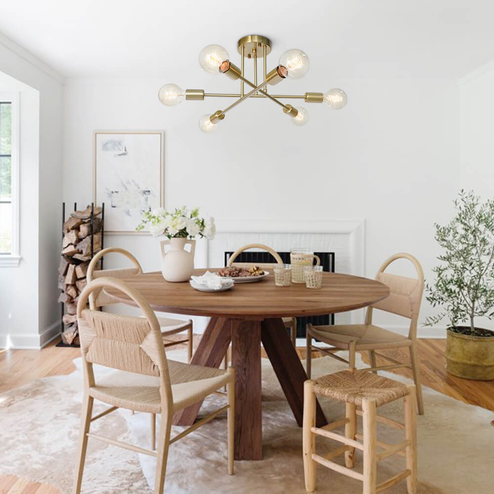 Messing sputnik plafondlamp met 6 lichtpunten – semi flush design voor lage plafonds 60 cm | Sansoti