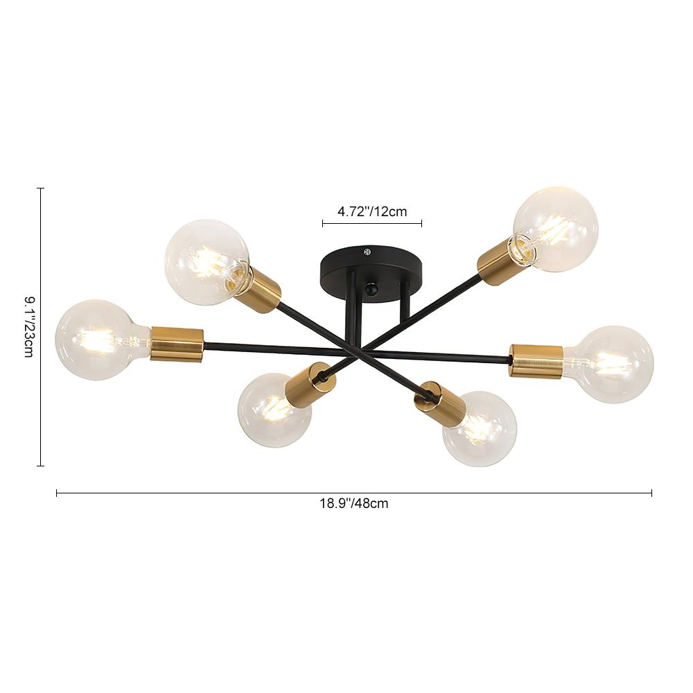 Messing sputnik plafondlamp met 6 lichtpunten – semi flush design voor lage plafonds 60 cm | Sansoti