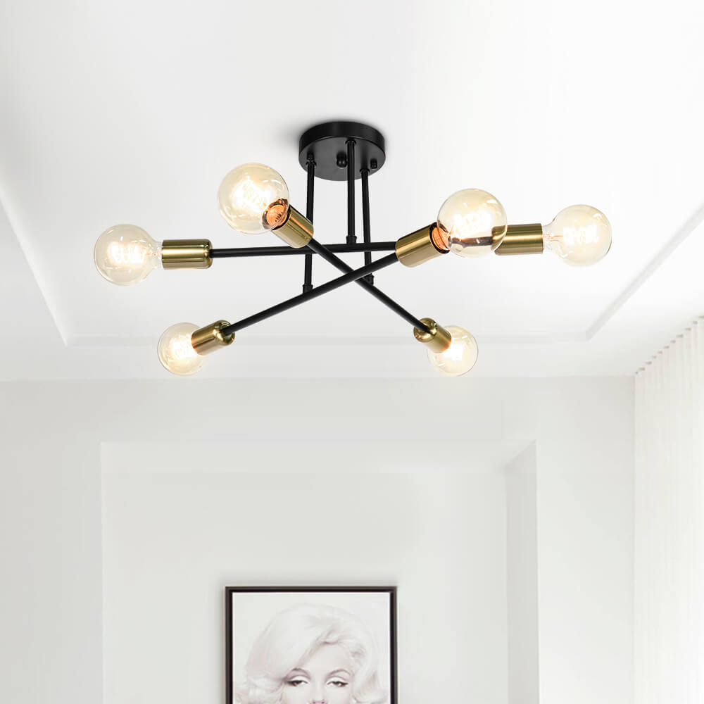 Messing sputnik plafondlamp met 6 lichtpunten – semi flush design voor lage plafonds 60 cm | Sansoti