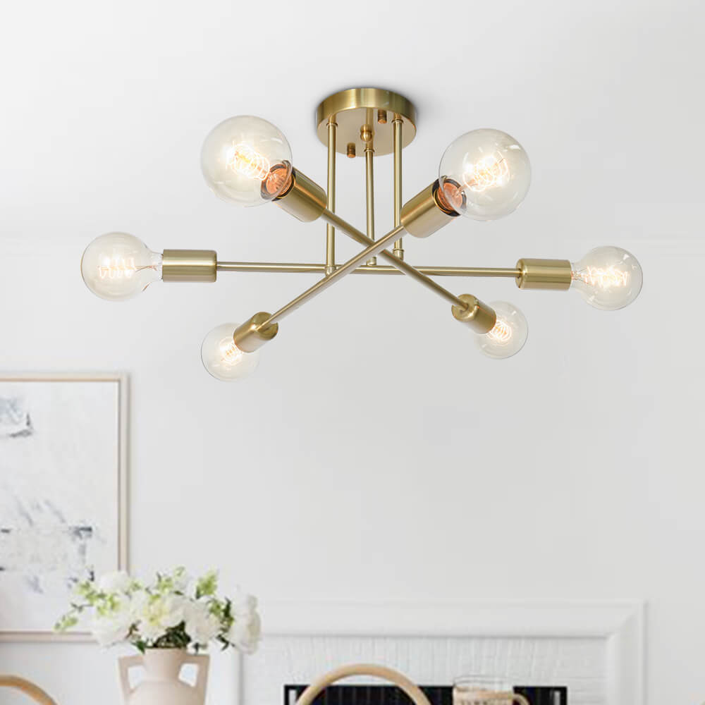 Messing sputnik plafondlamp met 6 lichtpunten – semi flush design voor lage plafonds 60 cm | Sansoti