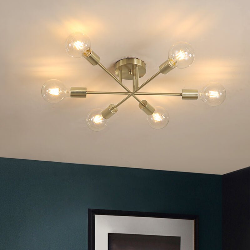 Messing sputnik plafondlamp met 6 lichtpunten – semi flush design voor lage plafonds 60 cm | Sansoti