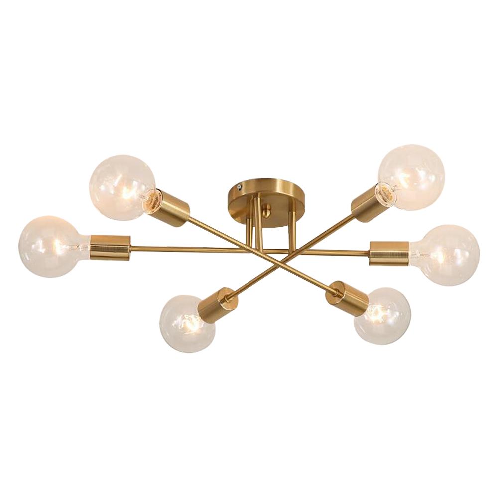 Messing sputnik plafondlamp met 6 lichtpunten – semi flush design voor lage plafonds 60 cm | Sansoti