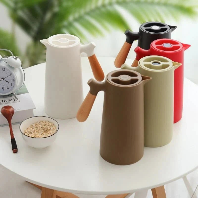 Carafe thermos avec poignée en bois, 1 l, en verre à double paroi, carafe à café, thé et isotherme, design scandinave | Sansoti