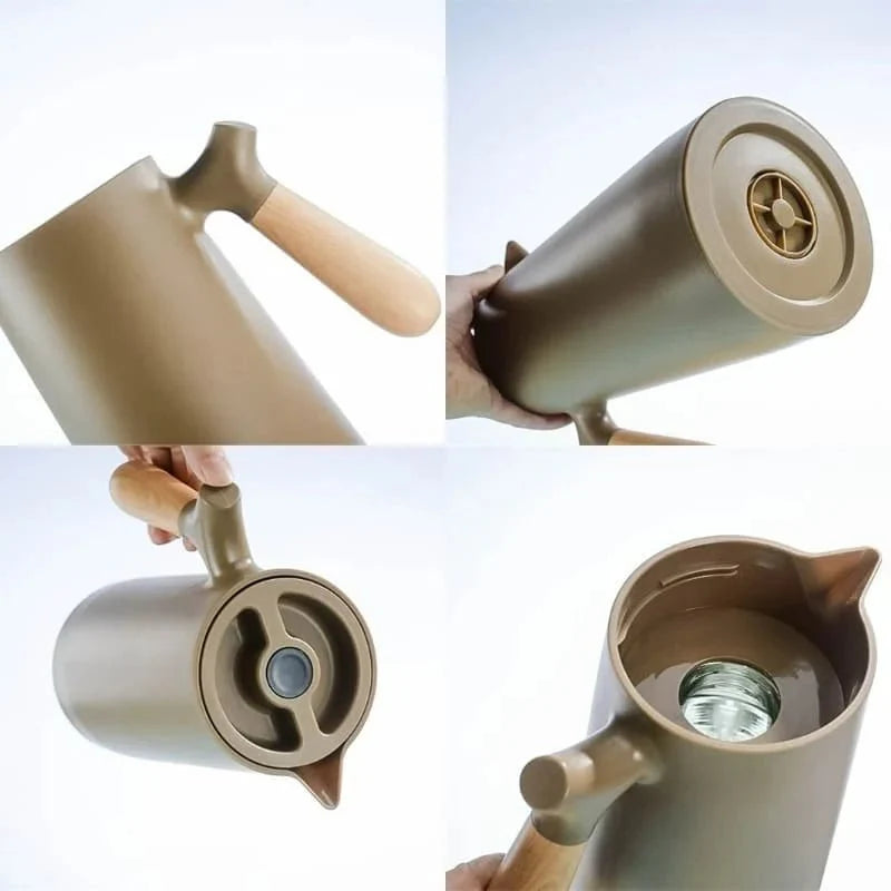 Carafe thermos avec poignée en bois, 1 l, en verre à double paroi, carafe à café, thé et isotherme, design scandinave | Sansoti