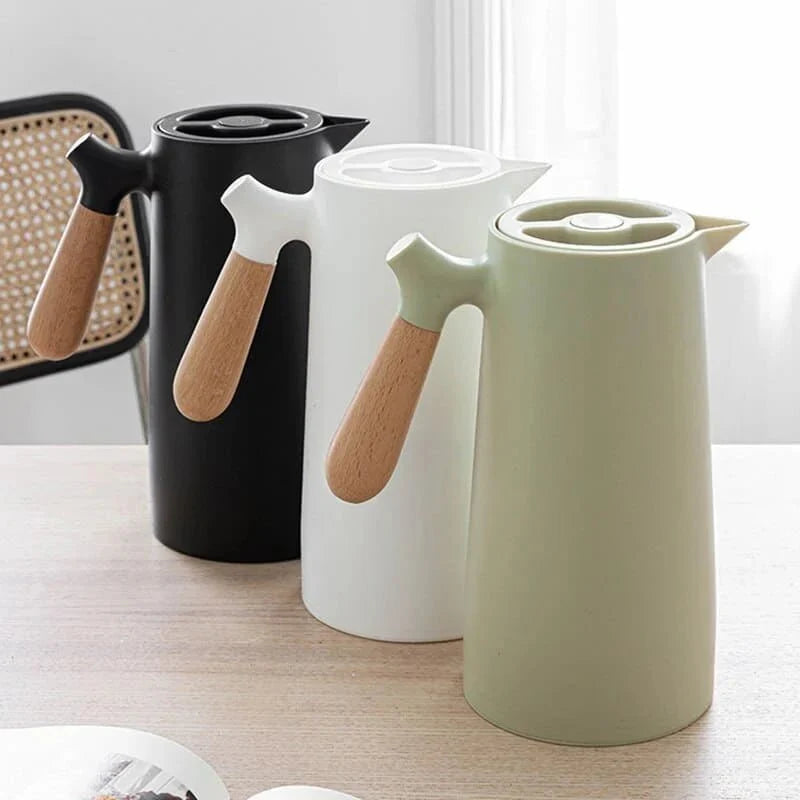Carafe thermos avec poignée en bois, 1 l, en verre à double paroi, carafe à café, thé et isotherme, design scandinave | Sansoti