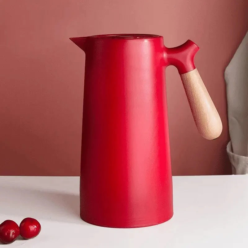 Carafe thermos avec poignée en bois, 1 l, en verre à double paroi, carafe à café, thé et isotherme, design scandinave | Sansoti