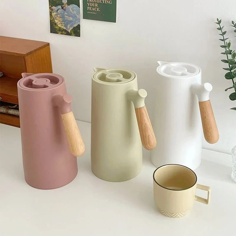 Carafe thermos avec poignée en bois, 1 l, en verre à double paroi, carafe à café, thé et isotherme, design scandinave | Sansoti