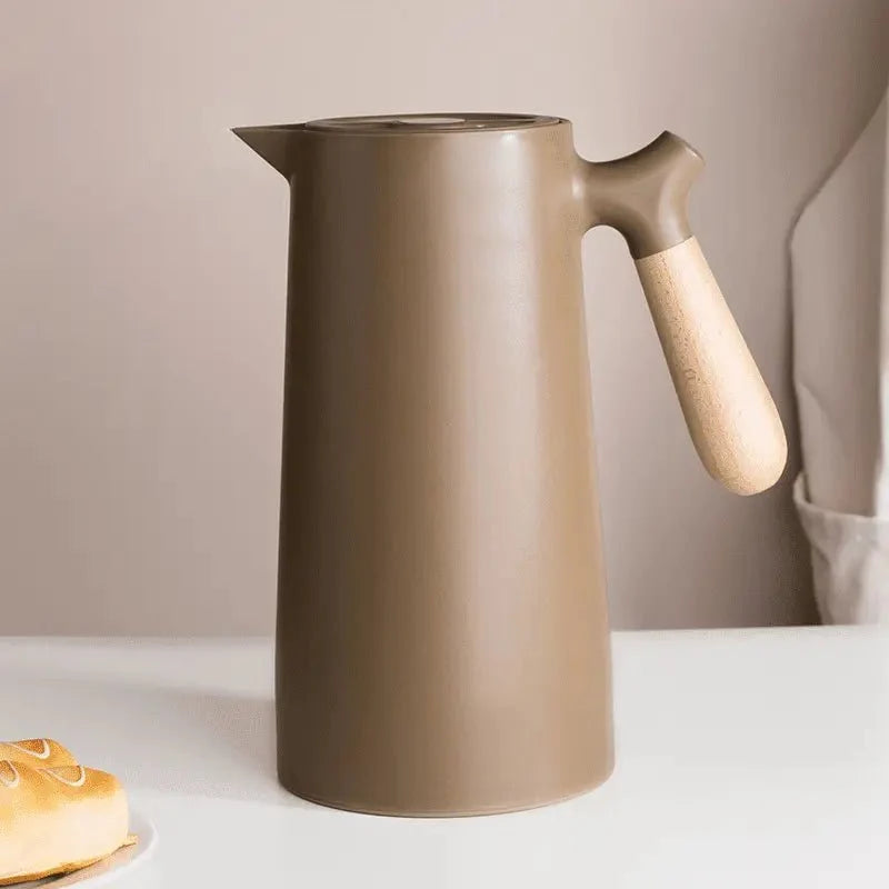 Carafe thermos avec poignée en bois, 1 l, en verre à double paroi, carafe à café, thé et isotherme, design scandinave | Sansoti