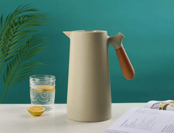 Carafe thermos avec poignée en bois, 1 l, en verre à double paroi, carafe à café, thé et isotherme, design scandinave | Sansoti