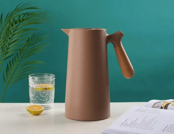 Carafe thermos avec poignée en bois, 1 l, en verre à double paroi, carafe à café, thé et isotherme, design scandinave | Sansoti
