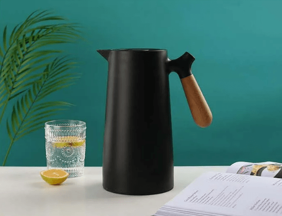 Carafe thermos avec poignée en bois, 1 l, en verre à double paroi, carafe à café, thé et isotherme, design scandinave | Sansoti