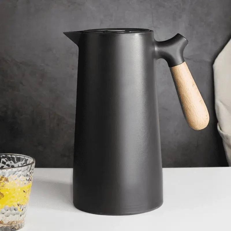Carafe thermos avec poignée en bois, 1 l, en verre à double paroi, carafe à café, thé et isotherme, design scandinave | Sansoti