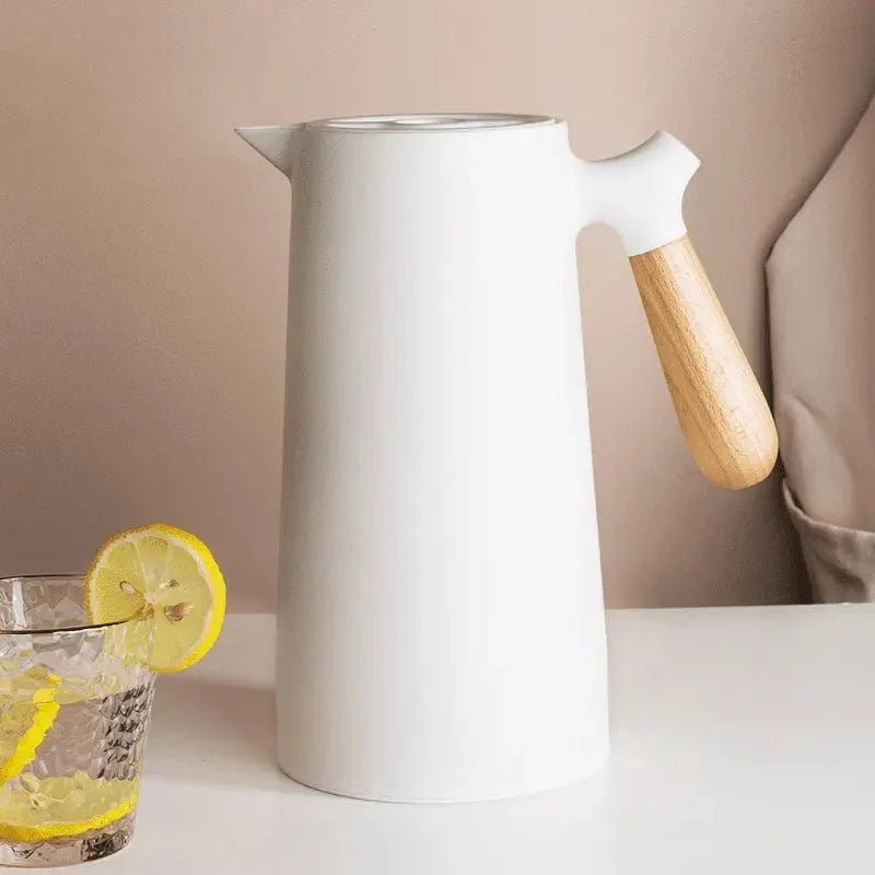 Carafe thermos avec poignée en bois, 1 l, en verre à double paroi, carafe à café, thé et isotherme, design scandinave | Sansoti