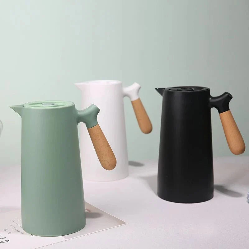 Carafe thermos avec poignée en bois, 1 l, en verre à double paroi, carafe à café, thé et isotherme, design scandinave | Sansoti