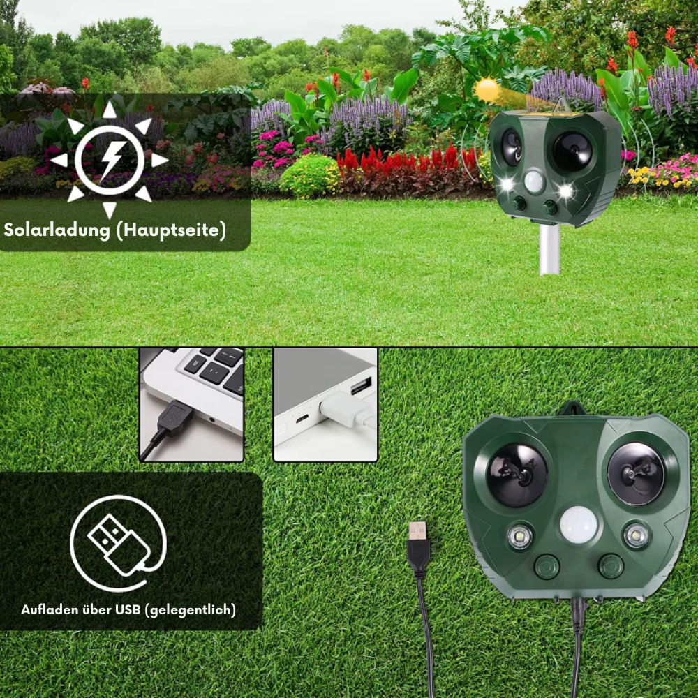 Ultrasonic Solar-Powered Animal Repeller – 13.5–45.5 kHz – Garden Protection – 5 Modes – Range up to 9 meters | Sansoti