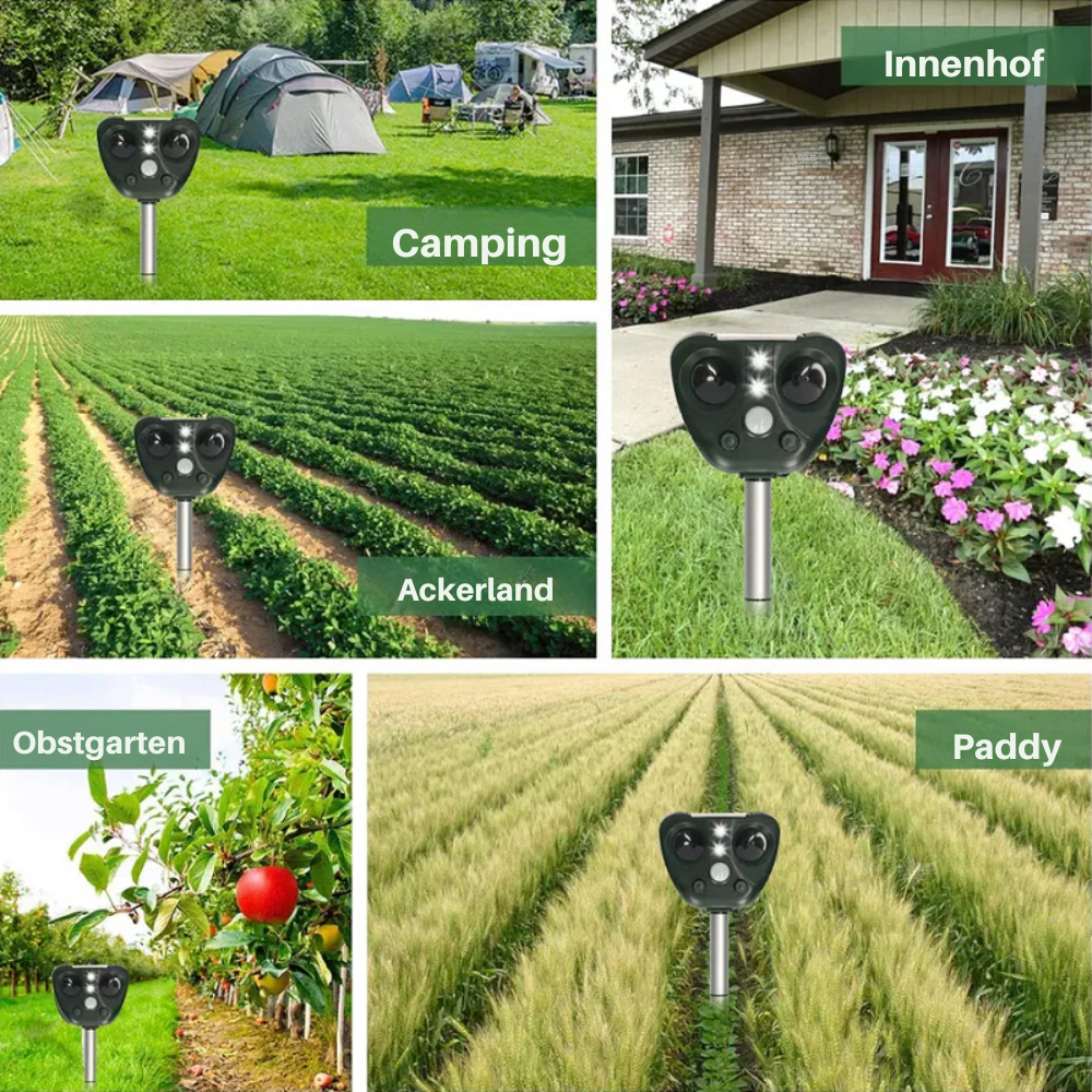 Ultrasonic Solar-Powered Animal Repeller – 13.5–45.5 kHz – Garden Protection – 5 Modes – Range up to 9 meters | Sansoti