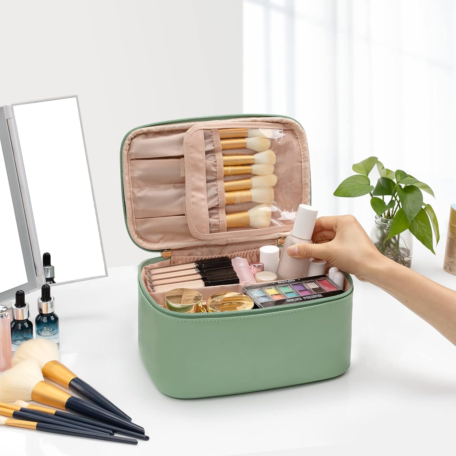 Cosmetica Organizer met Verstelbare Scheidingswanden en Handgreep | Draagbare Make-up Koffer voor Reizen en Thuis | Sansoti