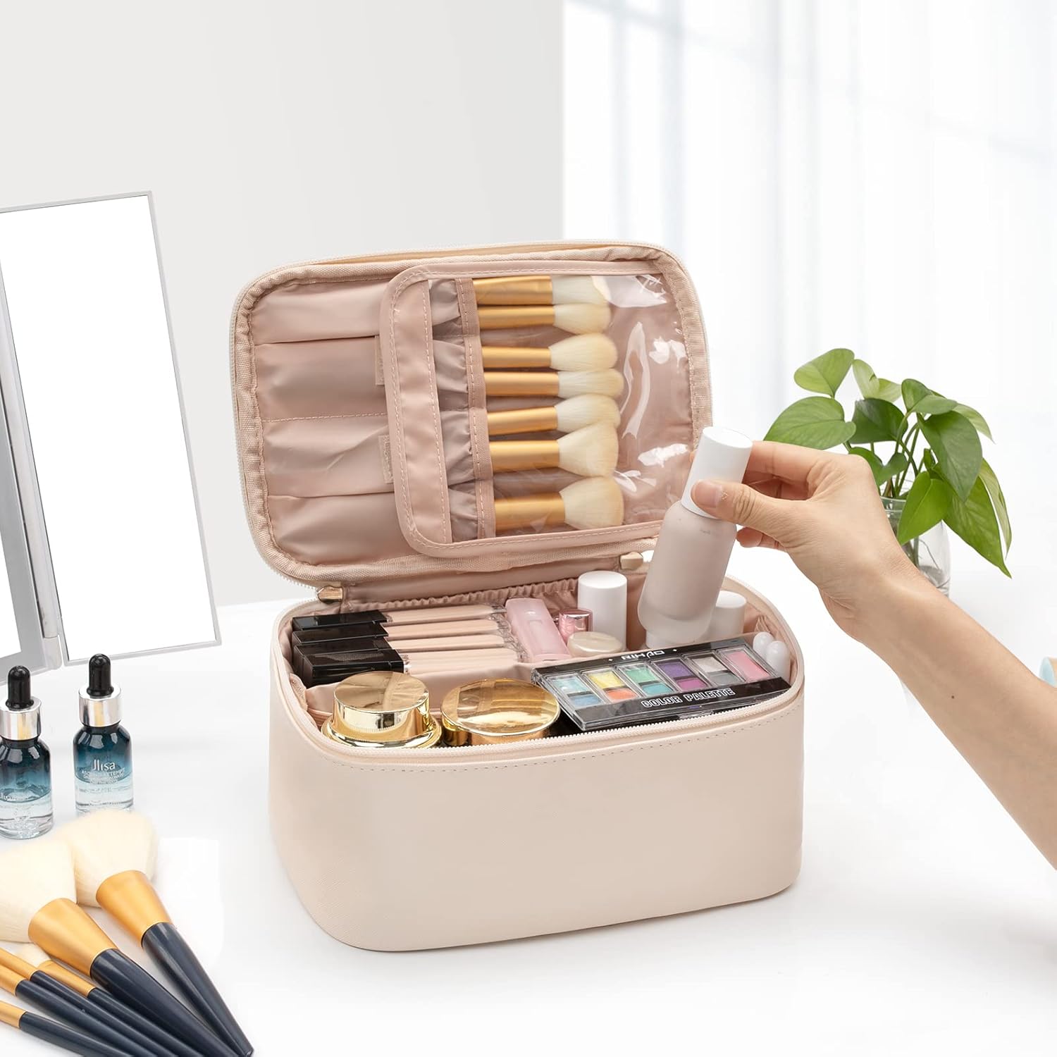 Cosmetica Organizer met Verstelbare Scheidingswanden en Handgreep | Draagbare Make-up Koffer voor Reizen en Thuis | Sansoti