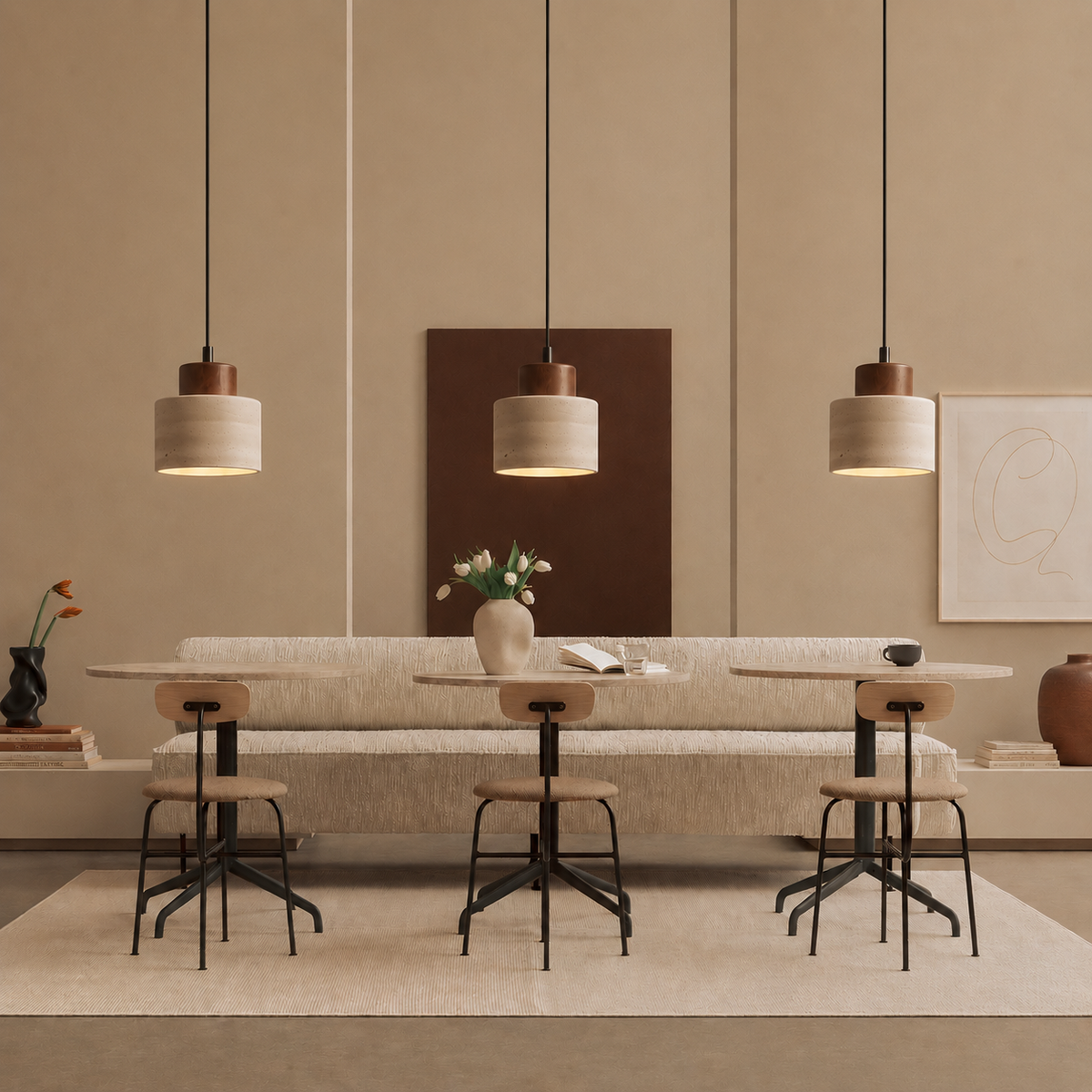 Suspension en travertin, pierre naturelle et bois, E27, cordon réglable, salle à manger, îlot de cuisine, style wabi-sabi scandinave | Sansoti