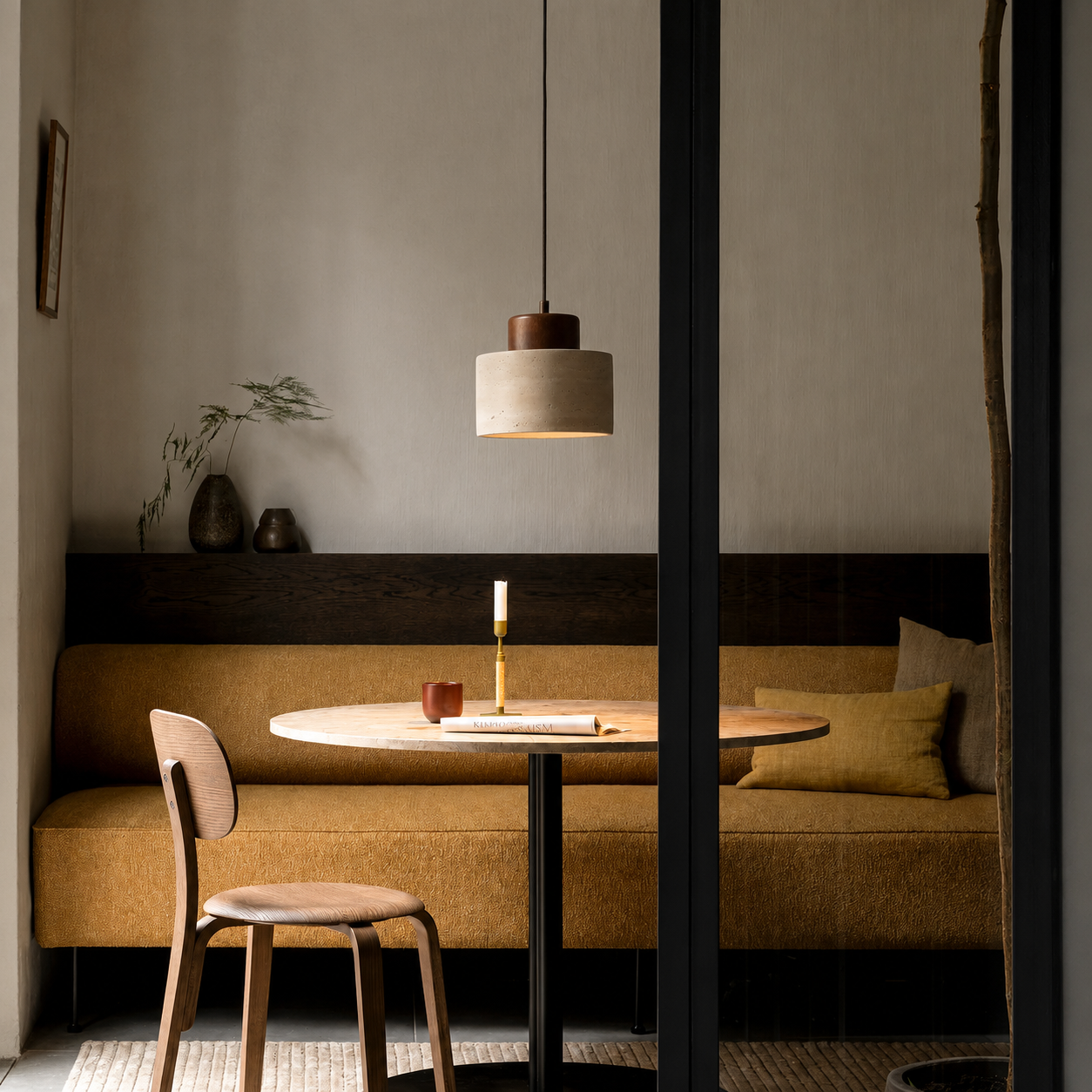 Suspension en travertin, pierre naturelle et bois, E27, cordon réglable, salle à manger, îlot de cuisine, style wabi-sabi scandinave | Sansoti
