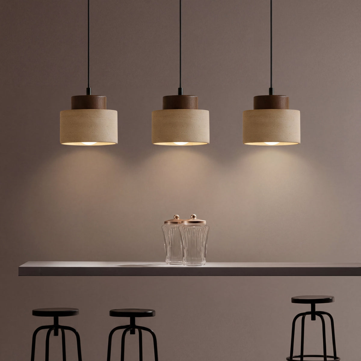 Suspension en travertin, pierre naturelle et bois, E27, cordon réglable, salle à manger, îlot de cuisine, style wabi-sabi scandinave | Sansoti