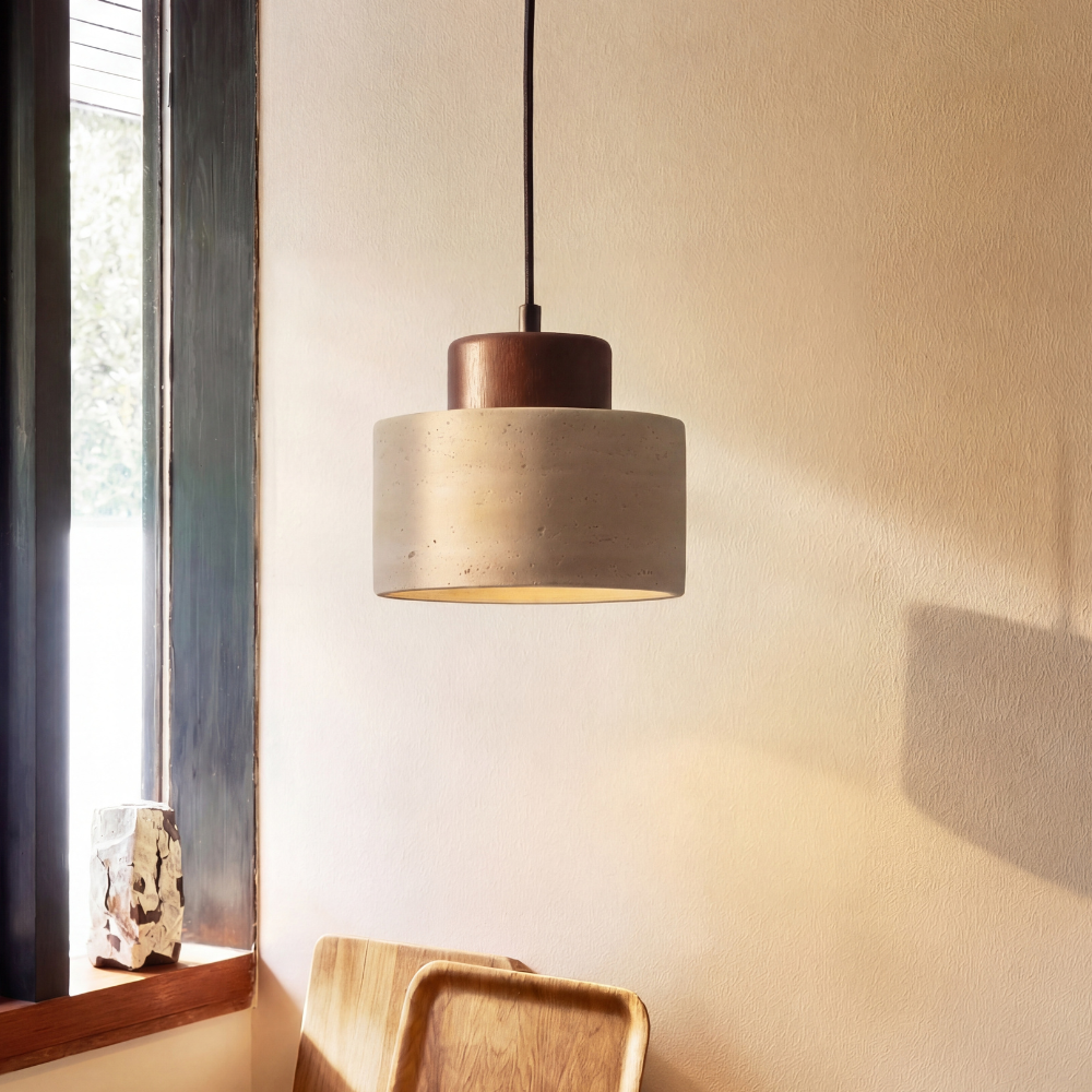 Suspension en travertin, pierre naturelle et bois, E27, cordon réglable, salle à manger, îlot de cuisine, style wabi-sabi scandinave | Sansoti