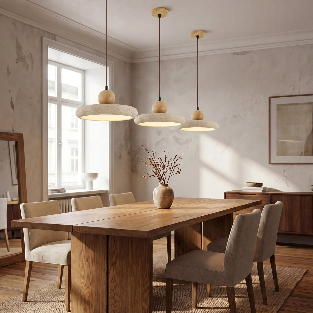 Lampa wisząca z trawertynu i drewna, naturalny kamień, LED, do jadalni, regulowana, design skandynawski, nastrojowe oświetlenie, ciepłe światło | Sansoti