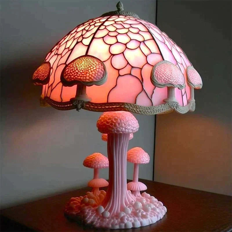 Paddenstoel Tafellamp Glas-In-Lood Look Hars Kleurrijk Sfeerlamp Kinderkamer Woonkamer | Sansoti
