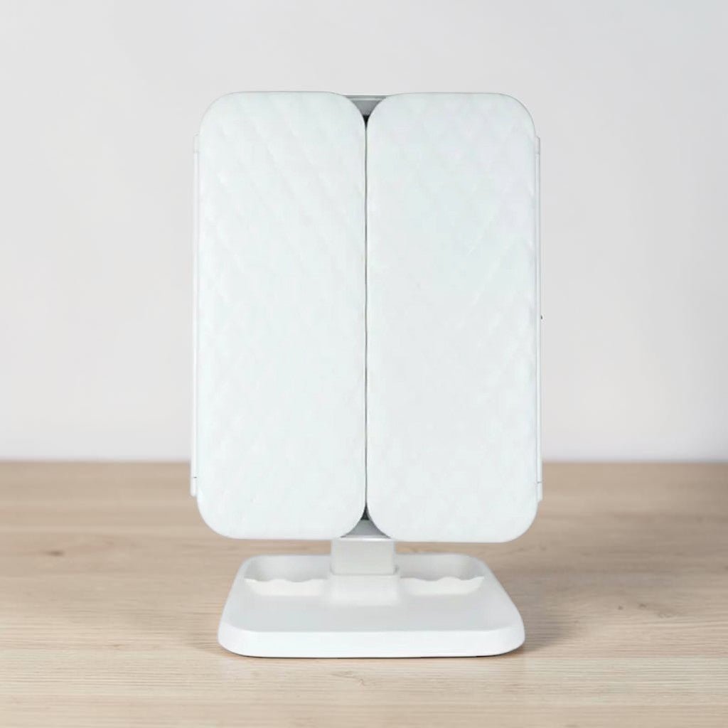Dreiteiliger Schminkspiegel mit LED-Beleuchtung und 2-facher, 3-facher und 10-facher Vergrößerung, wiederaufladbar, verstellbar und klappbar | Sansoti