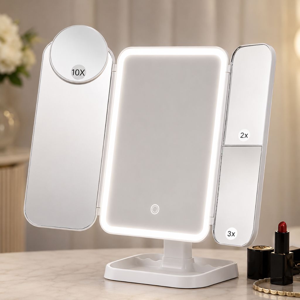 Dreiteiliger Schminkspiegel mit LED-Beleuchtung und 2-facher, 3-facher und 10-facher Vergrößerung, wiederaufladbar, verstellbar und klappbar | Sansoti