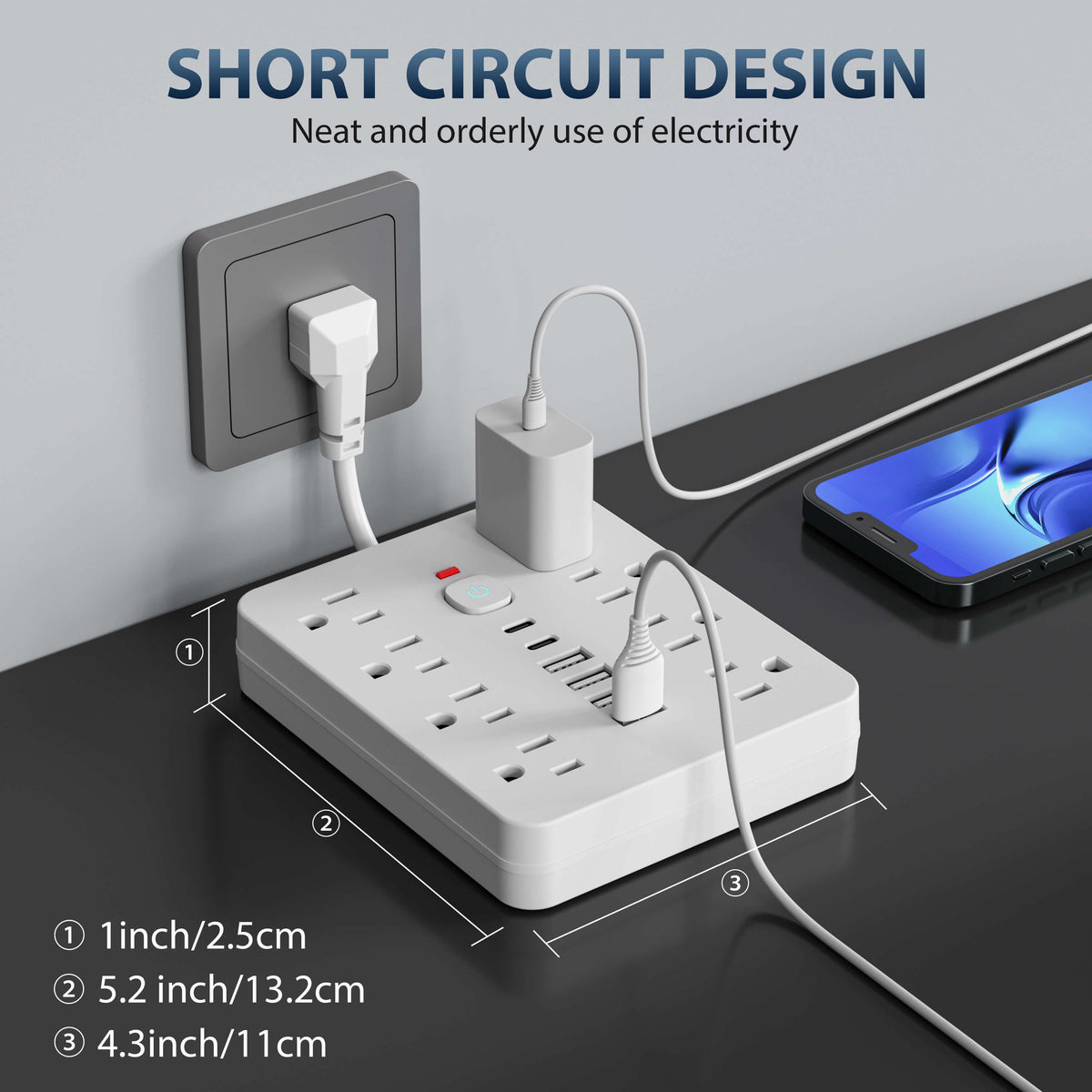 Multiprise 14 prises avec protection contre les surtensions et USB Type-C, répartiteur compact pour la maison et le bureau | Sansoti