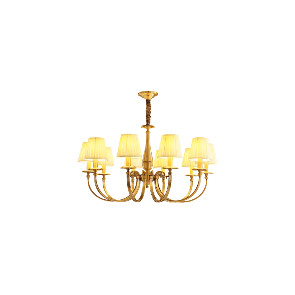 Lustre classique en cuivre avec abat-jours en tissu et lumière chaude et chaleureuse | Restfield
