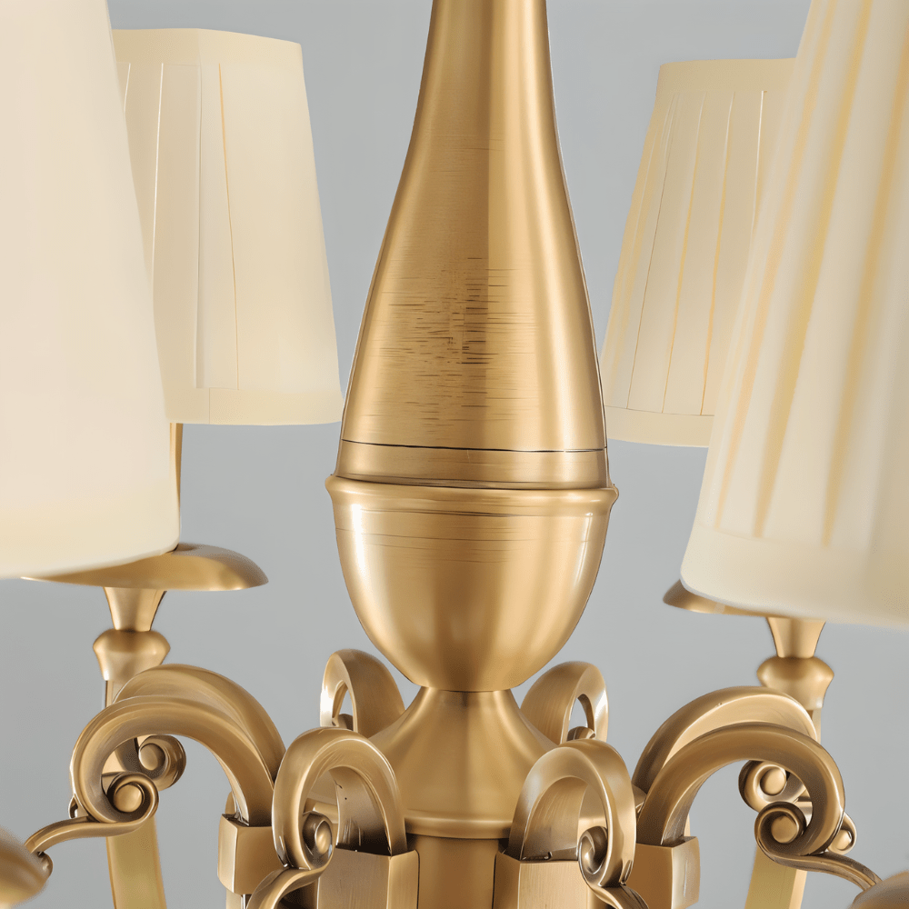 Lustre classique en cuivre avec abat-jours en tissu et lumière chaude et chaleureuse | Restfield