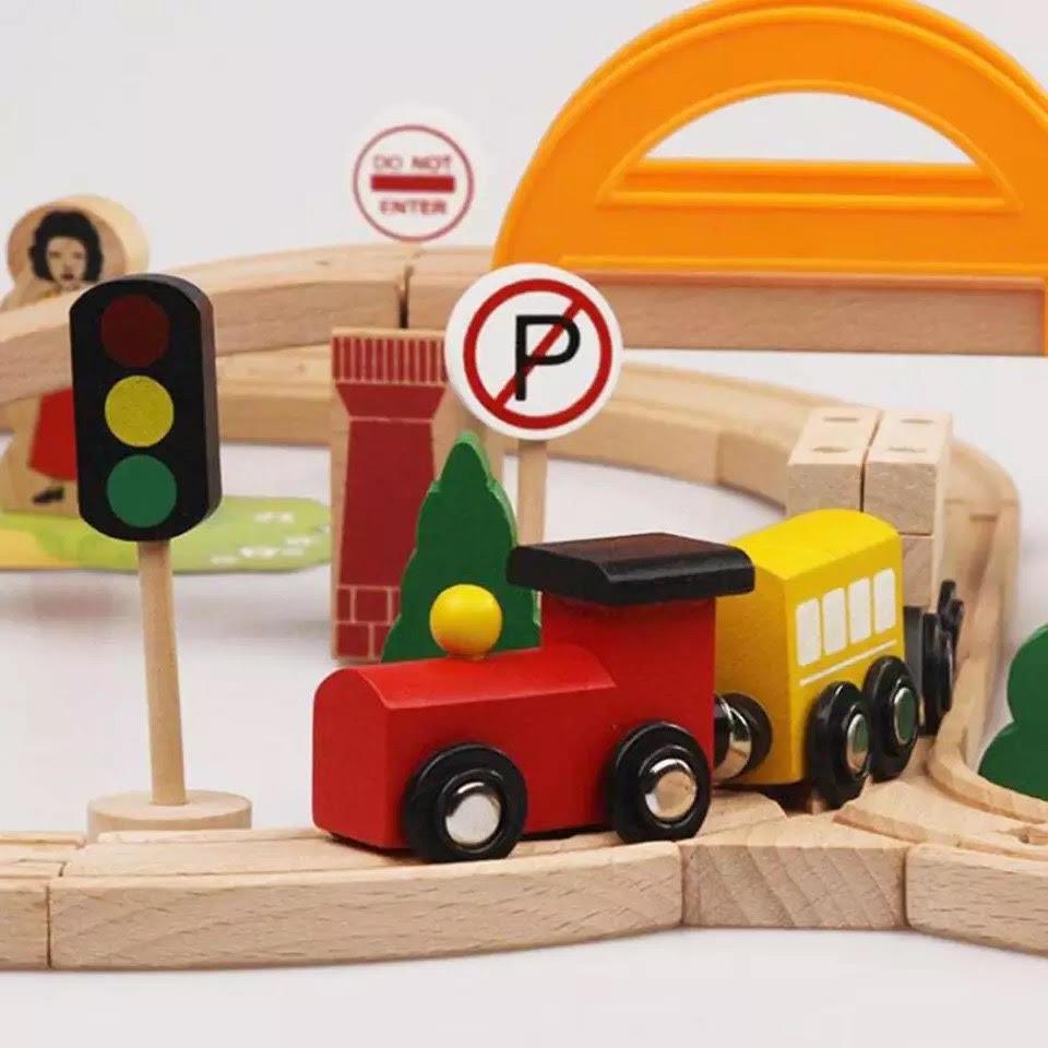 Circuit de train en bois avec rails, 78 pièces, jouet avec boîte de rangement incluse, jeu de construction éducatif pour enfants dès 3 ans | Sansoti