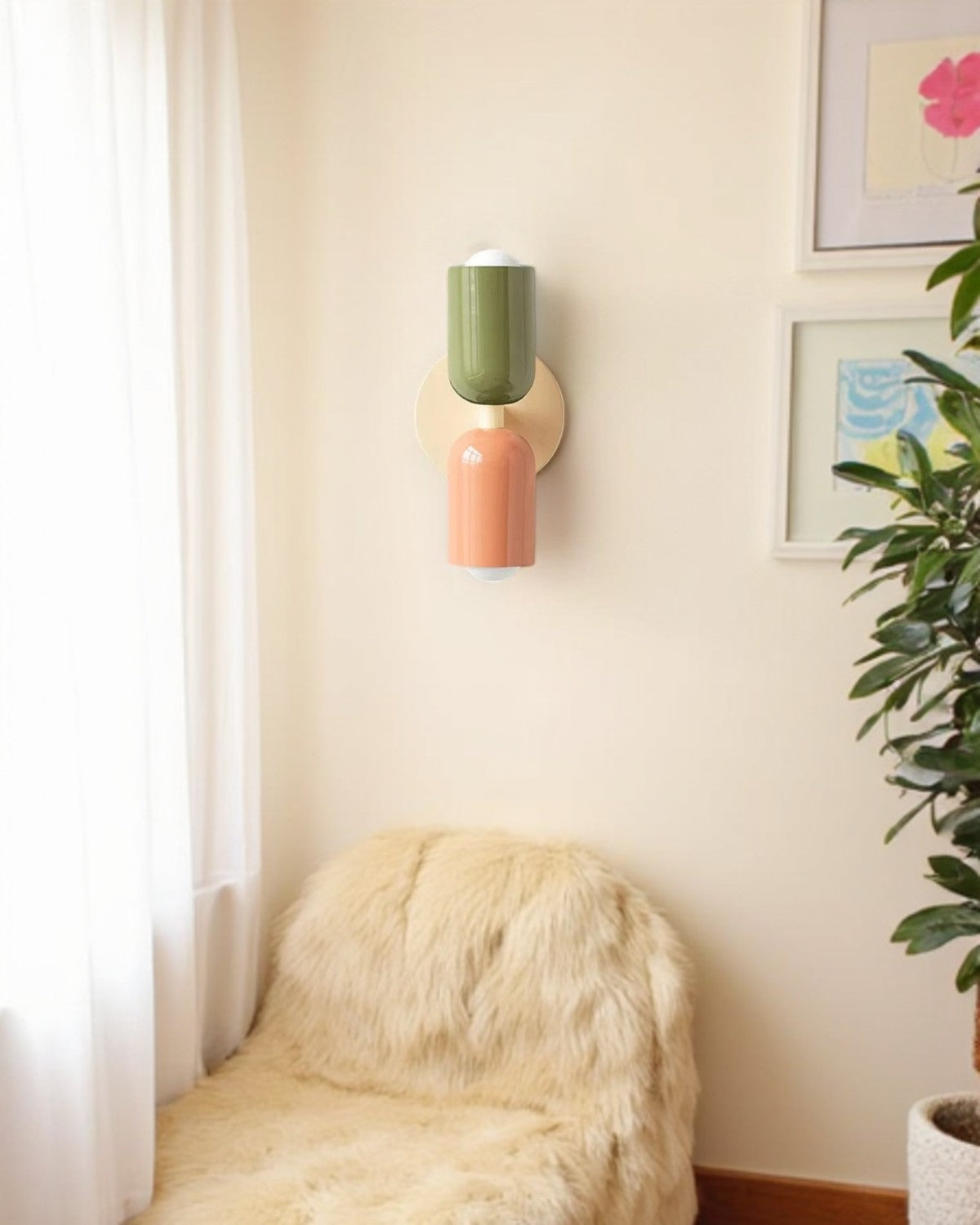 Dubbele Wandlamp met Ronde Lampenkappen – Modern Design in Groen, Beige, Rood of Roze – Sfeerverlichting voor Slaapkamer, Woonkamer en Hal | Sansoti