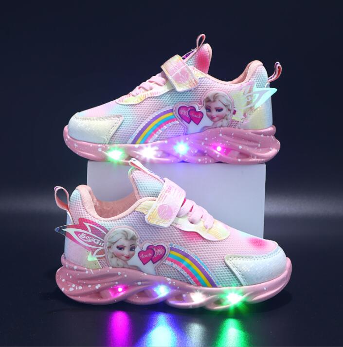 LED kinderschoenen glitter regenboog roze klittenband spelen wandelen lichtgevende sneakers meisjes | Sansoti