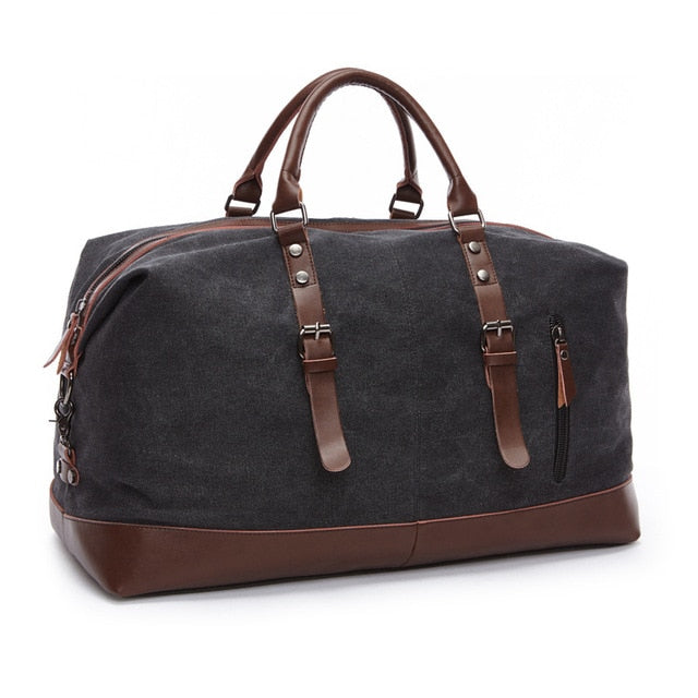 Sac week-end vintage en cuir et toile noir - Sac de voyage imperméable avec bandoulière pour les escapades citadines, le travail et le sport | Sansoti