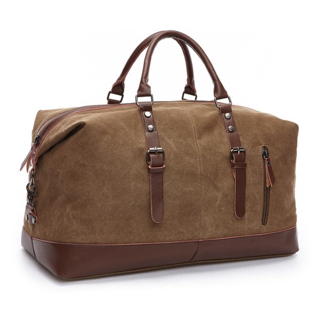 Vintage Weekend Bag Leather Canvas Water-Repellent Travel Bag Cognac Brown Carry-On Duffel Bag Sports Bag Shoulder Bag | Sansoti
