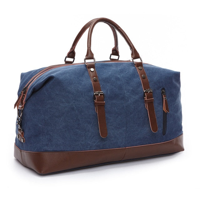 Vintage Weekendtas Leer Canvas Blauw Waterdicht Duurzaam Retro Reistas Sporttas voor Reizen Werk Gym | Sansoti